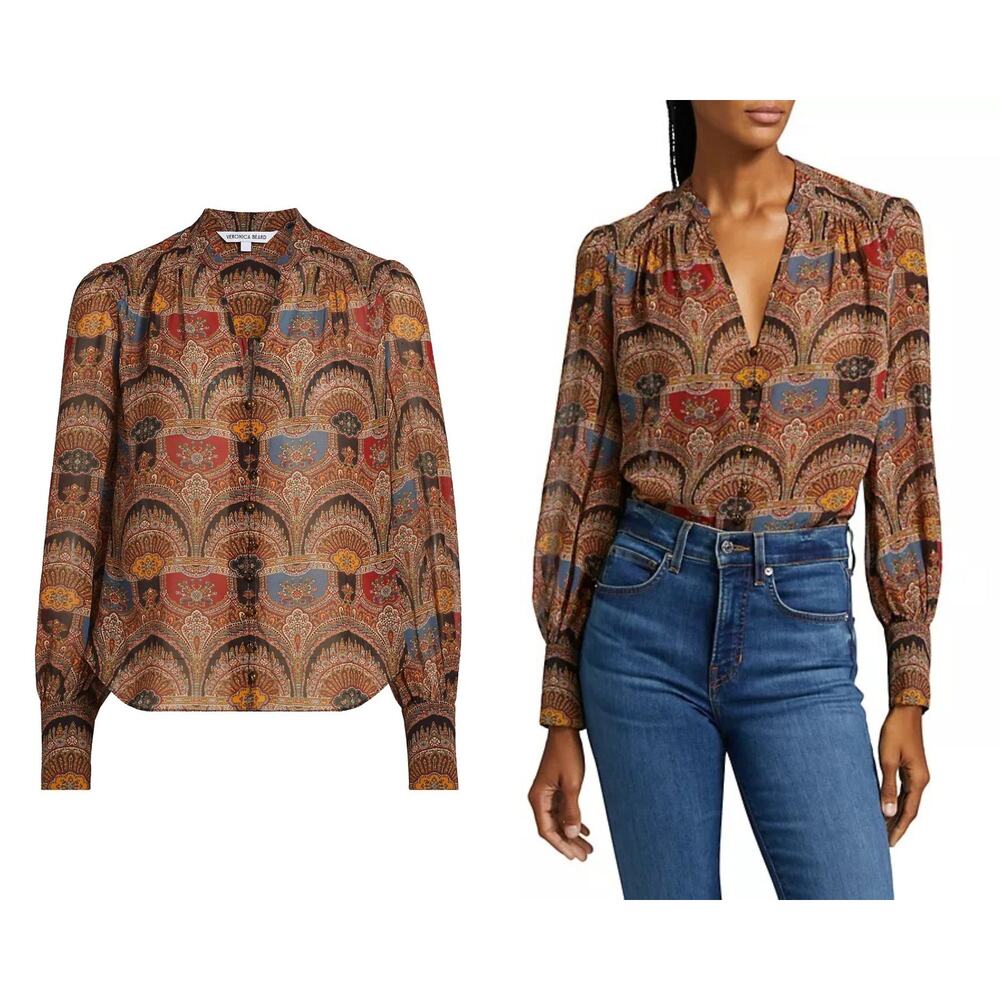 Veronica Beard Paisley Print V-Neck Long Sleeve Blouse in Rust Multi